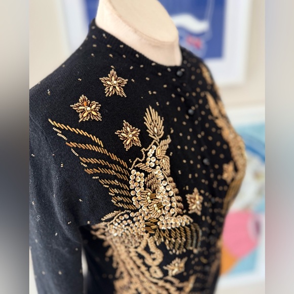 Vintage 70s Gold Beaded Embellished Black Cardigan - S - Picture 5 of 13